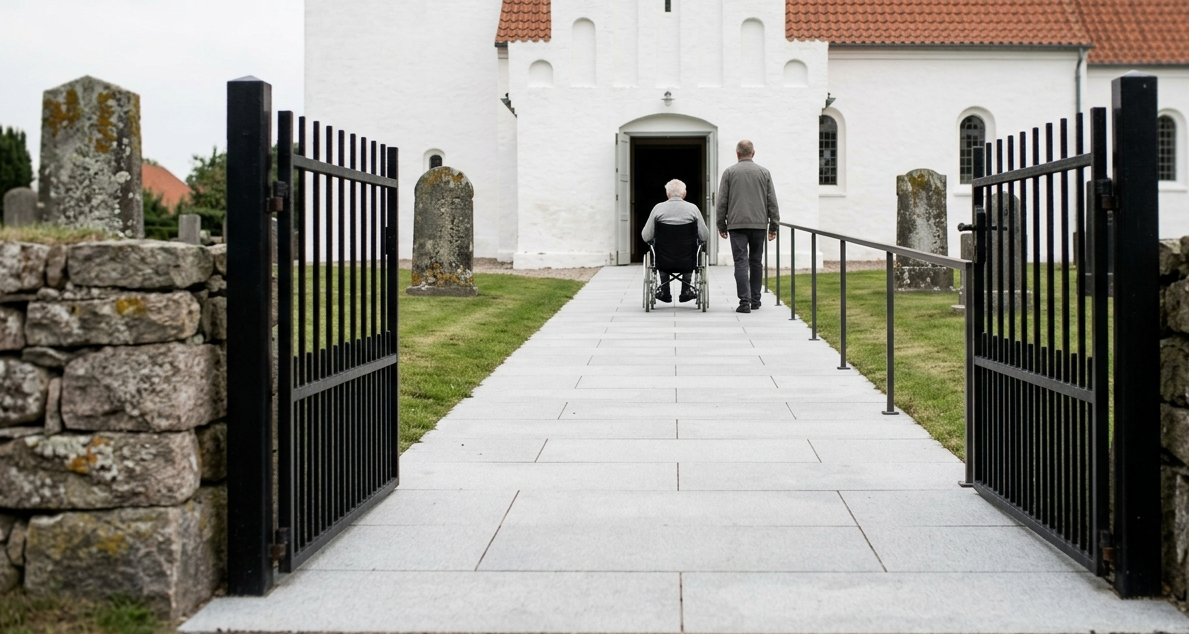 Person i kørestol og ledsager på en jævn, brolagt gangsti gennem den åbne låge i digestenmuren op til døren i Sjelle Kirke