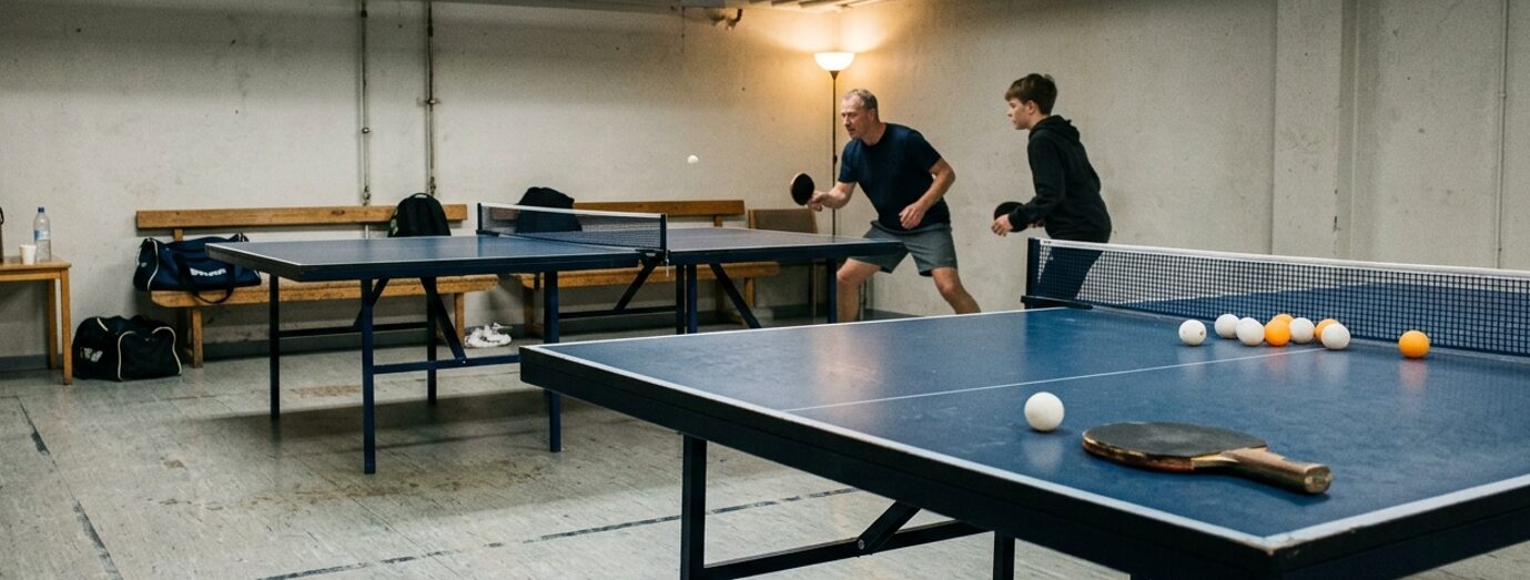 To spillere i gang med et parti bordtennis i klublokalet i kaelderen under Skovbyskolen