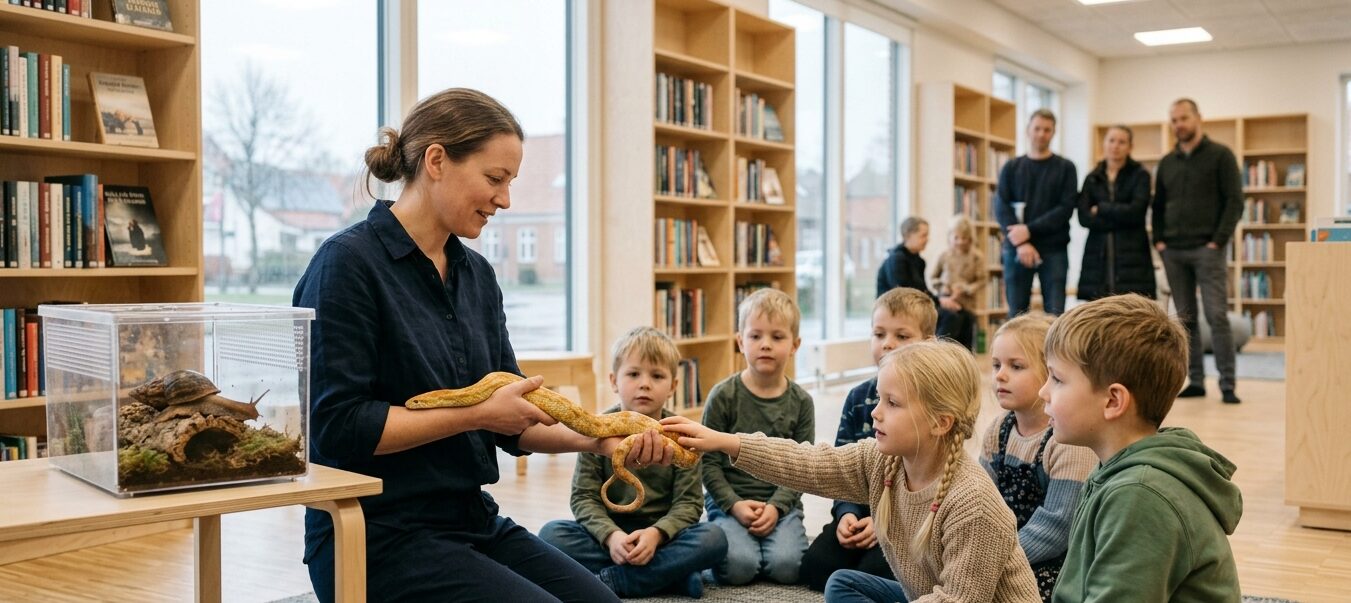 Formidler viser en slange frem for børn på Galten Bibliotek, med en kæmpesnegl i terrarium ved siden af
