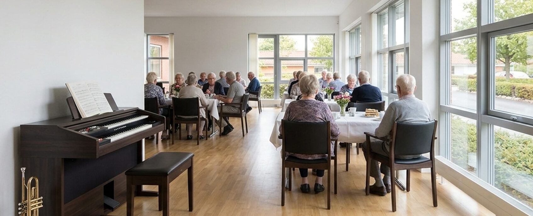 Ældre gæster ved kaffeborde i festsalen på Tjørnehaven, med el-orgel og trompet i forgrunden