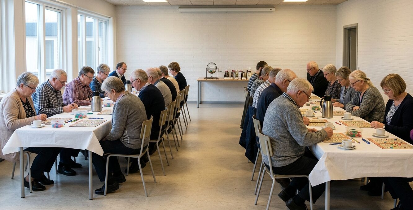 Ældre banko-spillere ved langborde med bankoplader og kaffekopper i en lys dansk forsamlingssal