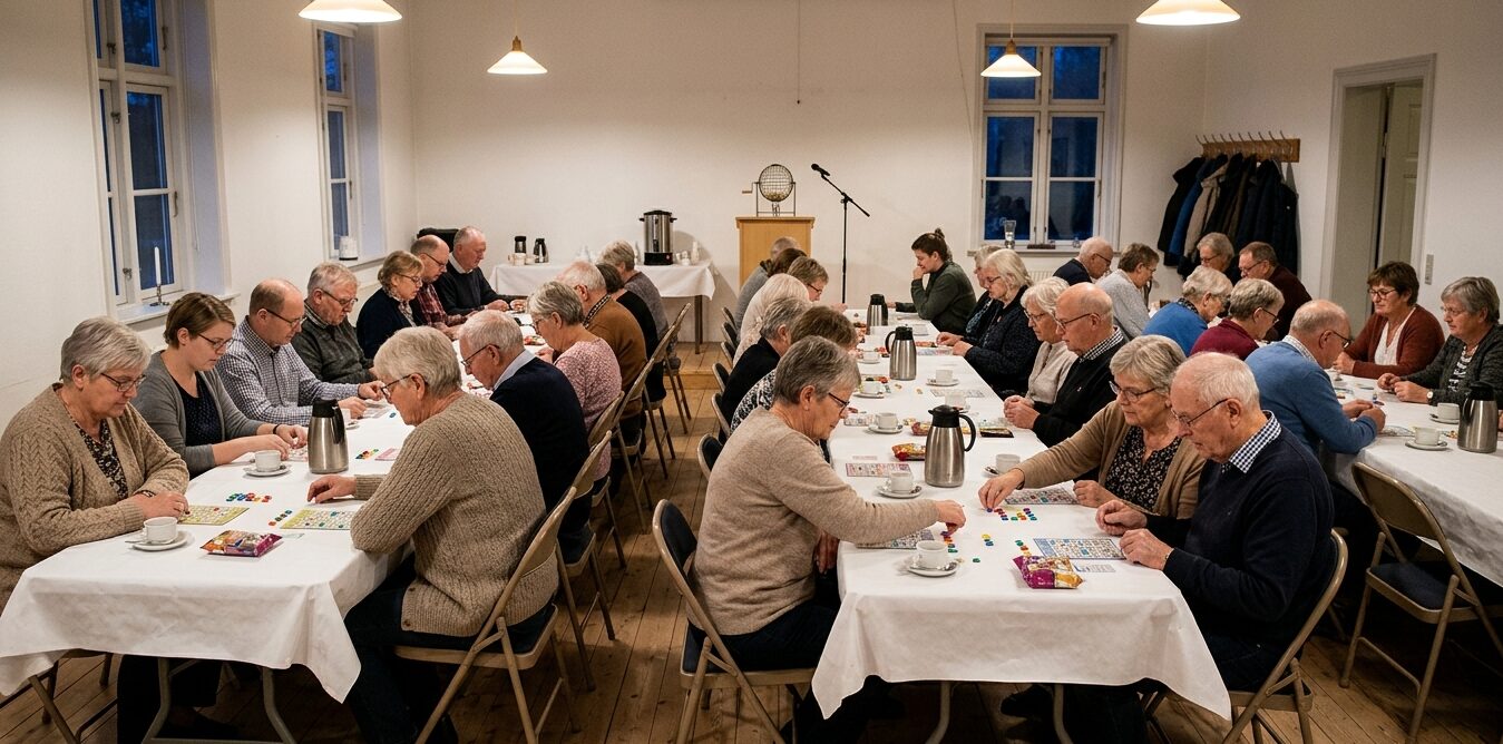Deltagere sidder ved lange borde med bankoplader og kaffekopper i et forsamlingshus en efterårsaften