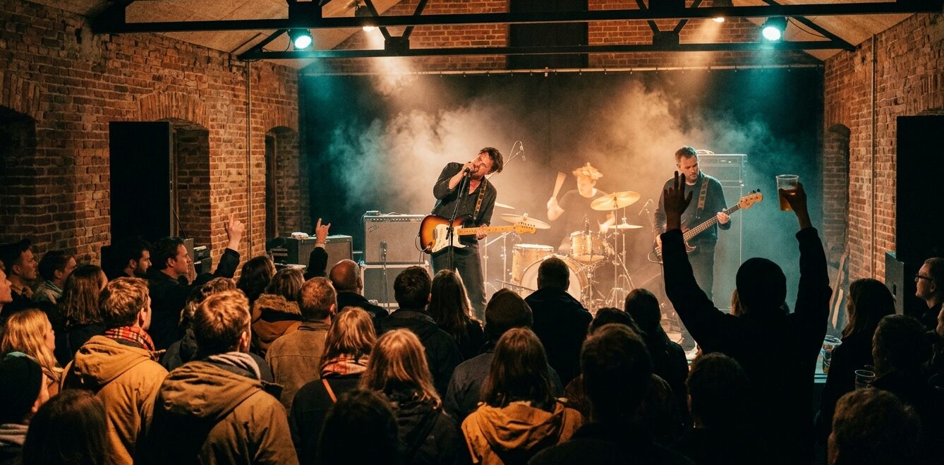 Rockband spiller på en lille scene i en gammel murstensbygning foran et tætpakket stående publikum