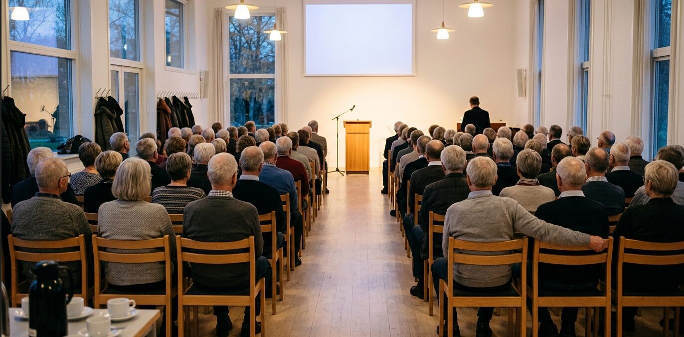 Tilhørere i Galten Sognegård vendt mod talerstol og lærred ved foredrag