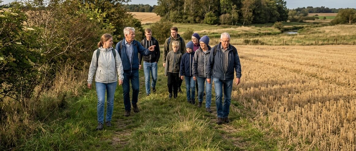 Gruppe af vandrere på trampesti langs stubmark ved Sjelle