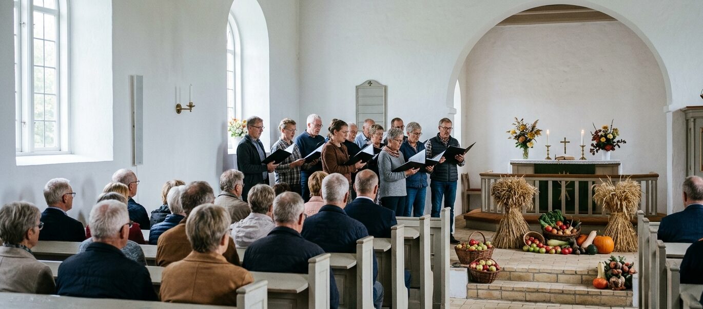 Skovbykoret synger ved høstgudstjeneste i Skovby Kirke, med kornneg og høstfrugter ved alteret