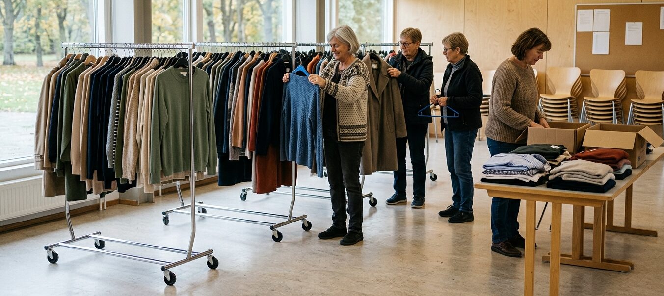 Tøjstativer og besøgende til tøjsalg i Folkehuset Harlev