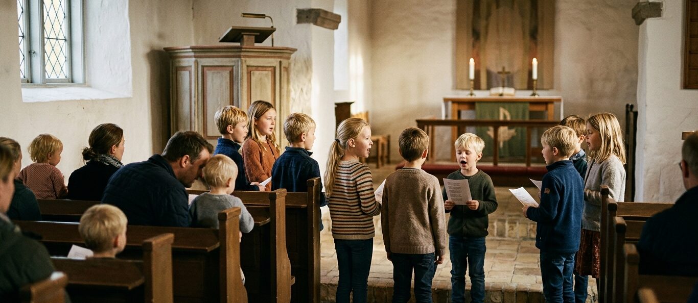 Børnekor synger ved alteret i Skovby Kirke mens familier ser til fra bænkene