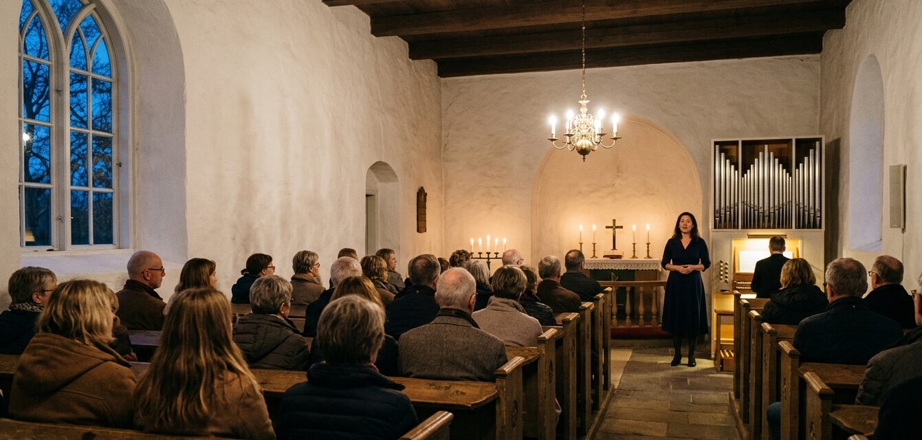 Sanger og organist ved en koncert i hvidkalket dansk landsbykirke med tændte stearinlys og publikum i bænkene