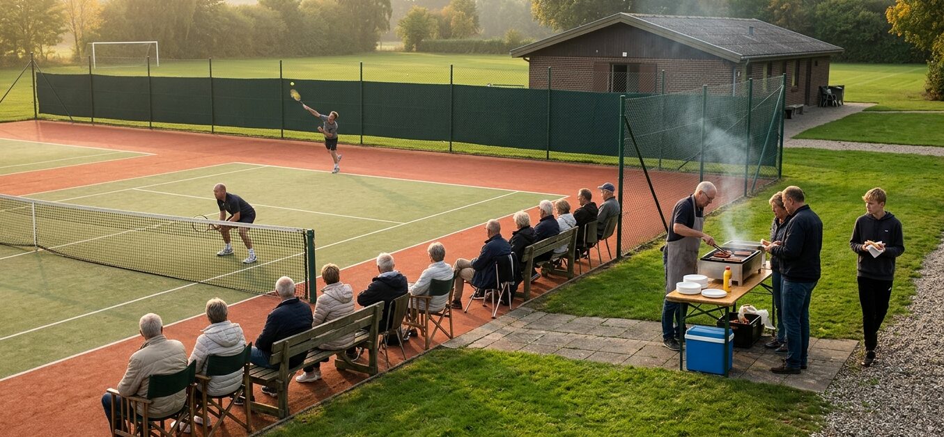 Tennisspillere i kamp på Harlev Tennis anlæg med tilskuere og grill ved klubhuset