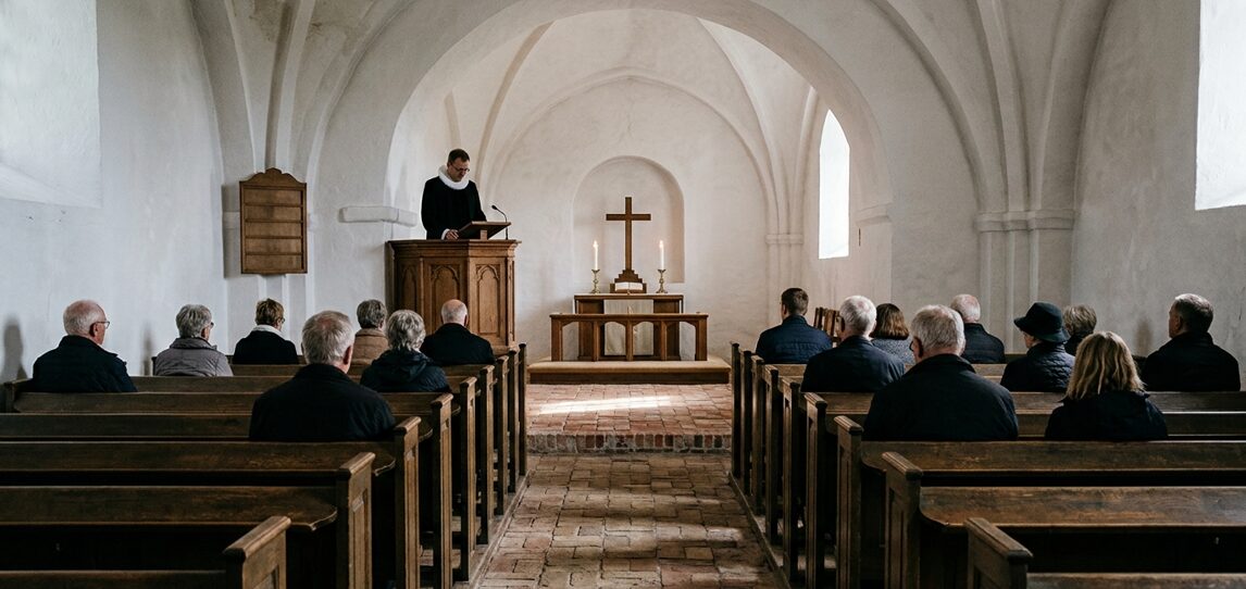 Præst ved prædikestolen i hvidkalket landsbykirke med spredt menighed set bagfra