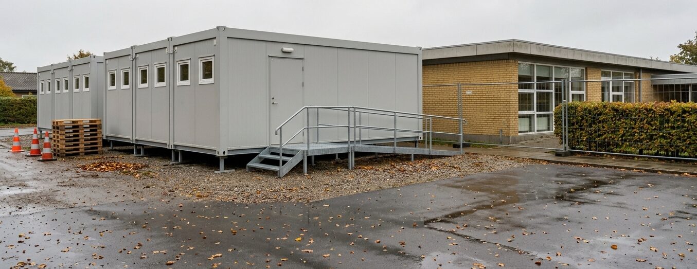 Grå pavillonbygninger opstillet ved en daginstitution i Skovby