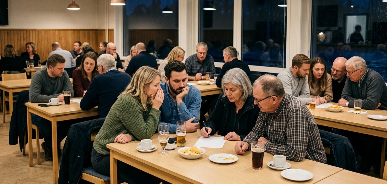 Quizhold sidder ved lange borde i Café Harlev og skriver svar ned en mørk efterårsaften