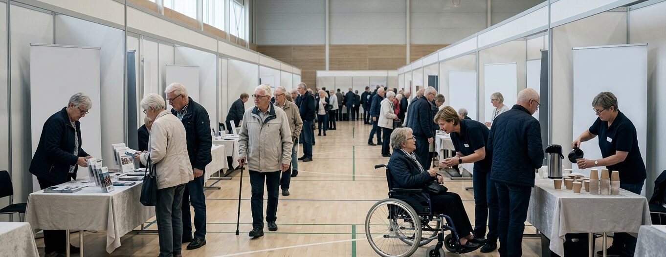 Besøgende ved stande i en hal til seniormesse på Skanderborg Fælled