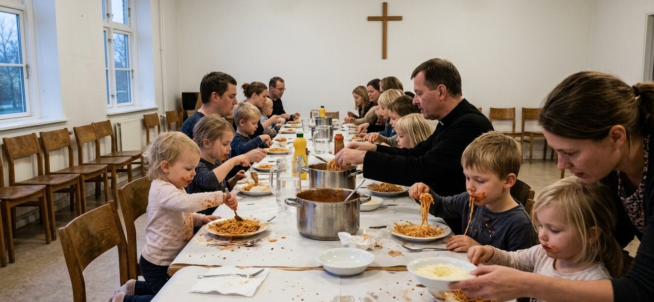 Børn og voksne spiser spaghetti ved et langbord i et sognehus, præst øser op fra gryden