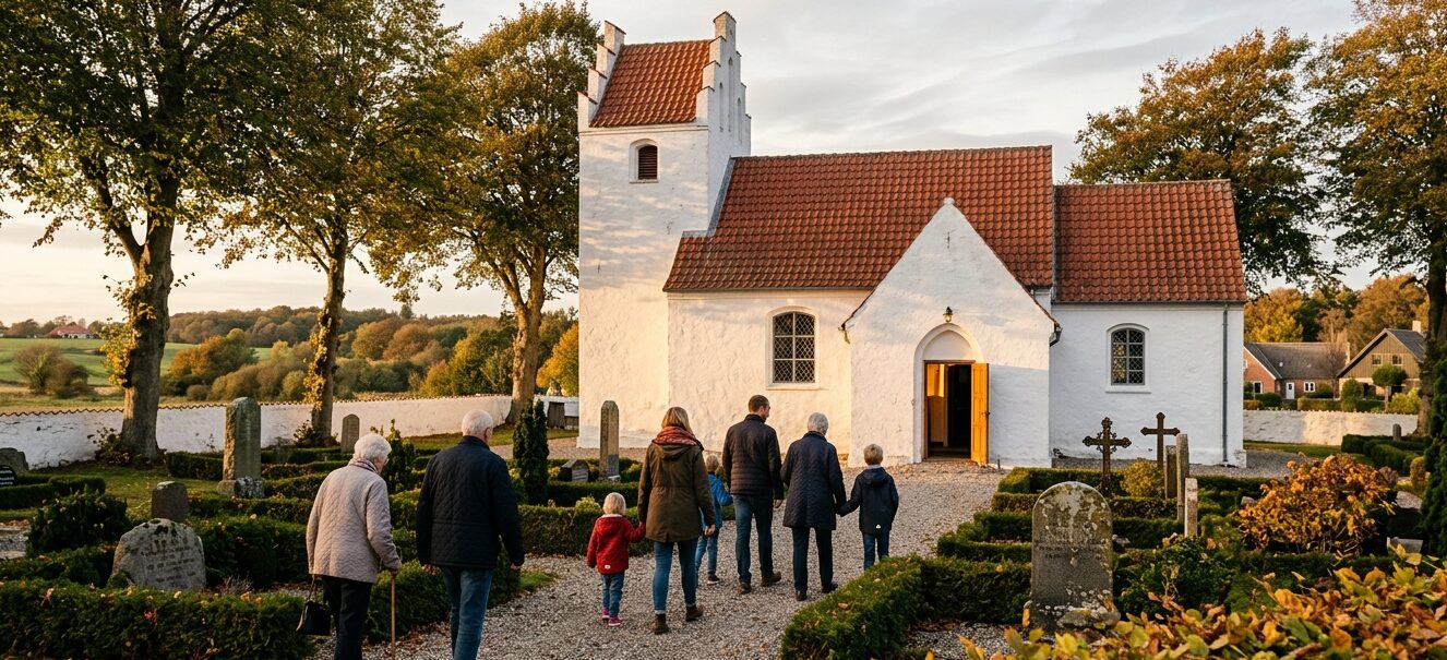 Gruppe på syv mennesker i efterårsjakker går ad grusstien gennem kirkegården mod den åbne dør i en hvidkalket landsbykirke med rødt tegltag, i lavt eftermiddagslys mellem gulnende lindetræer