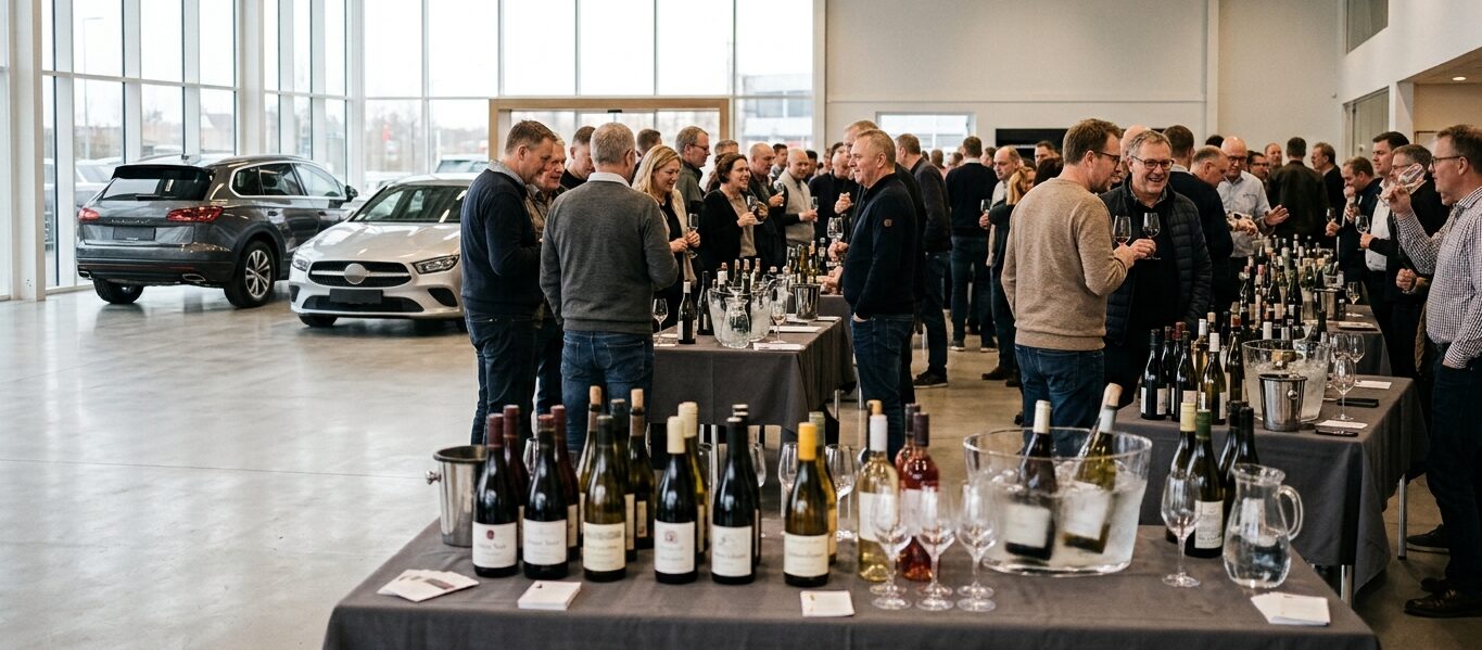 Vinsmagning med borde fulde af vinflasker og glas i et bilhus-showroom med gæster